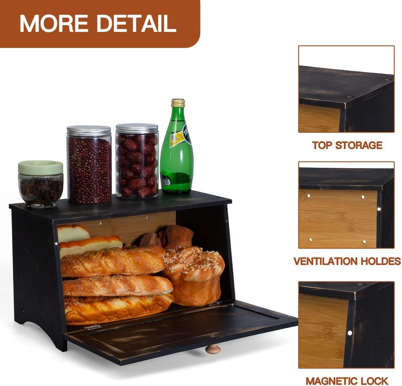 DAOYOUSKY Bamboo Bread Box for Kitchen Countertop, Black Vintage Wooden Counter Breadbox, Single Layer Rustic Wood Large Capacity Bread Storage Container Bin - Image 5